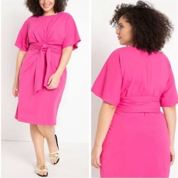 Eloquii Hot Pink Liberty Cross Front Tie Waist Midi Dress - Picture 1 of 5